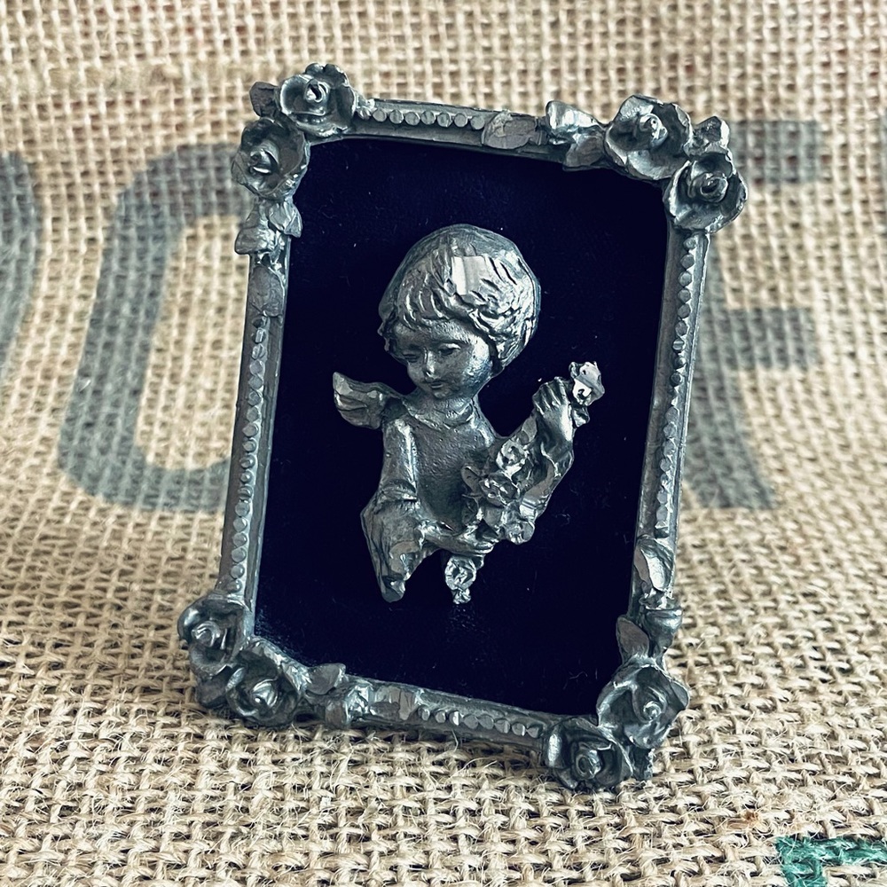 Miniature Pewter and Velvet Cherub Art - freestanding tiny frame